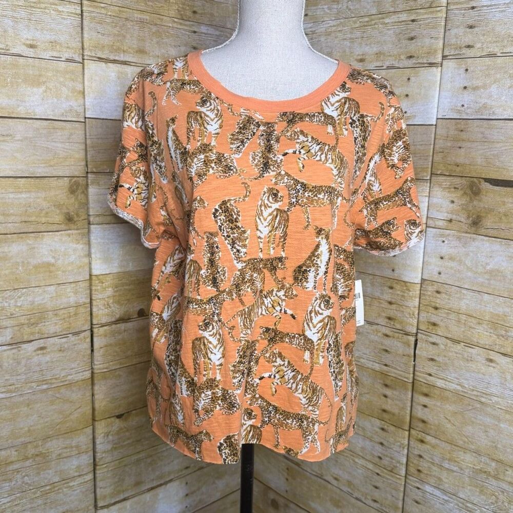 MAEVE ANTHROPOLOGIE ORANGE BIG CAT PRINT COTTON CASUAL EVERYDAY WEAR TOP LARGE - Picture 2 of 5